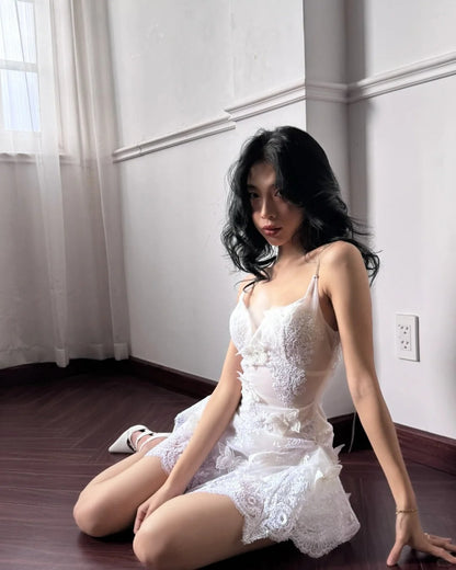 Elegant White Suspender V-neck Lace Three-dimensional Butterfly 17th Birthday Homecoming Dress P3585