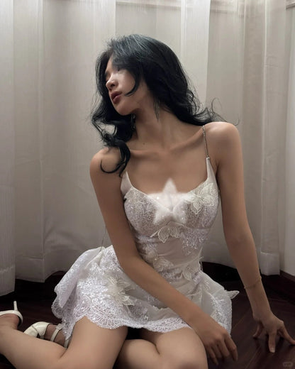 Elegant White Suspender V-neck Lace Three-dimensional Butterfly 17th Birthday Homecoming Dress P3585