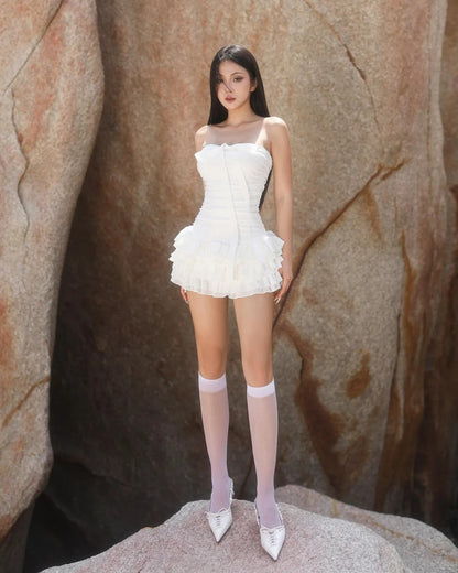 Simple White Tube Top Ruffle Mini 19th Birthday Homecoming Dress P3587