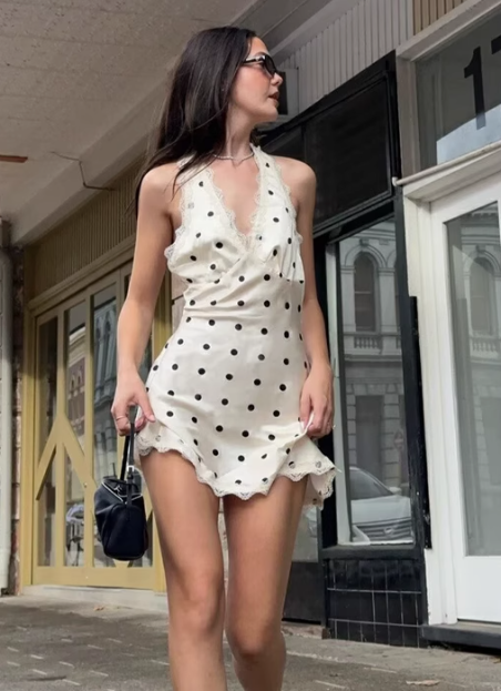 French Satin Polka Dot V-Neck Lace Trim Backless Halter Neck A-Line Homecoming Dress P3589