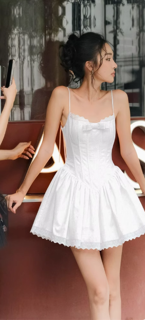 Sweet Bow Lace Waisted Suspender Mini 17th Birthday Homecoming Dress P3591