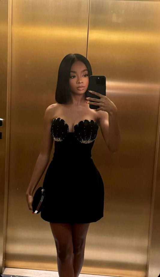 Elegant Black Sweetheart Neck Velvet Beaded Slim Fit Birthday Skirt Homecoming Dress P3598