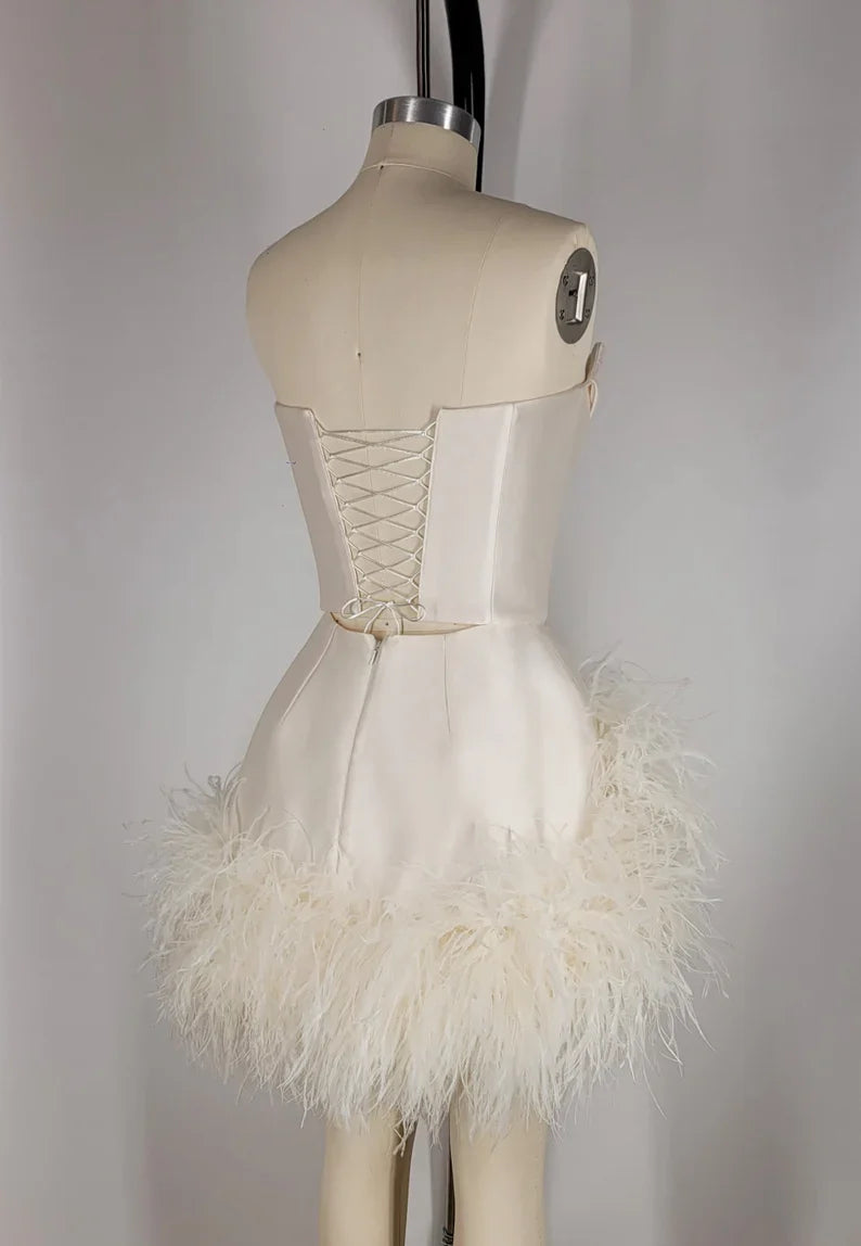 Elegant Satin Tube Top Feather Edge Bodycon 19th Birthday Homecoming Dress P3604