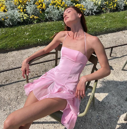 Sweet Ruffle Satin Backless Halter Neck 17th Birthday Homecoming Dress P3609