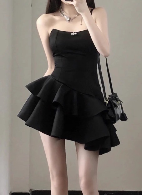 Elegant Black Satin Tube Top Irregular Birthday Tutu Homecoming Dress P3615