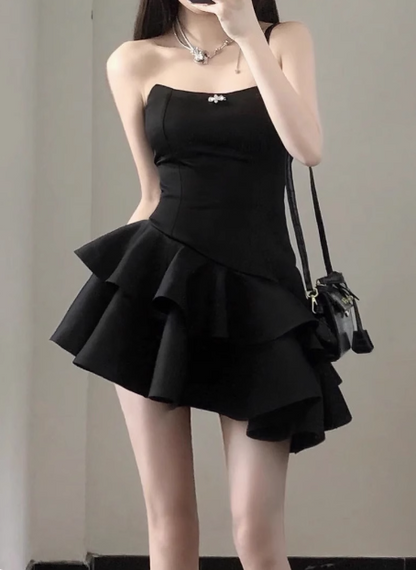 Elegant Black Satin Tube Top Irregular Birthday Tutu Homecoming Dress P3615