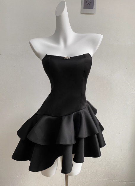 Elegant Black Satin Tube Top Irregular Birthday Tutu Homecoming Dress P3615