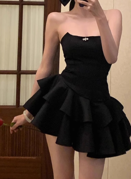 Elegant Black Satin Tube Top Irregular Birthday Tutu Homecoming Dress P3615