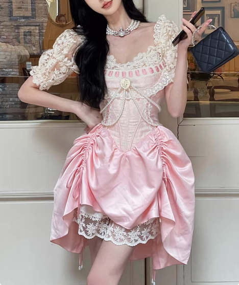 Sweet Pink Lace Short Sleeve Herringbone Short A-line 17th Birthday Homecoming Dress P3623