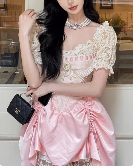 Sweet Pink Lace Short Sleeve Herringbone Short A-line 17th Birthday Homecoming Dress P3623