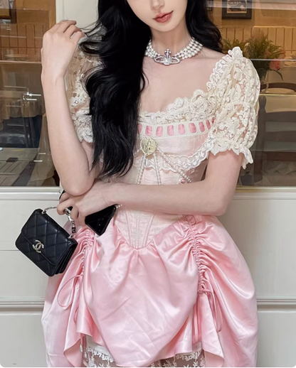 Sweet Pink Lace Short Sleeve Herringbone Short A-line 17th Birthday Homecoming Dress P3623