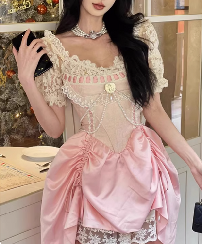 Sweet Pink Lace Short Sleeve Herringbone Short A-line 17th Birthday Homecoming Dress P3623