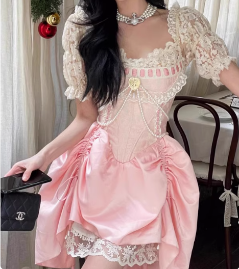 Sweet Pink Lace Short Sleeve Herringbone Short A-line 17th Birthday Homecoming Dress P3623