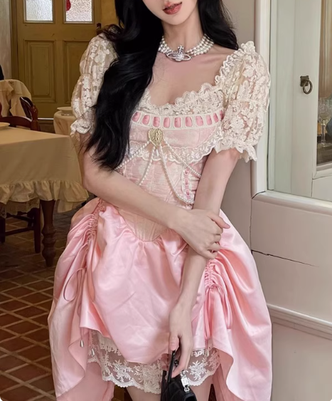 Sweet Pink Lace Short Sleeve Herringbone Short A-line 17th Birthday Homecoming Dress P3623