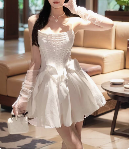 Sweet White Herringbone Tube Top Puff Birthday Dress Homecoming Dress P3624