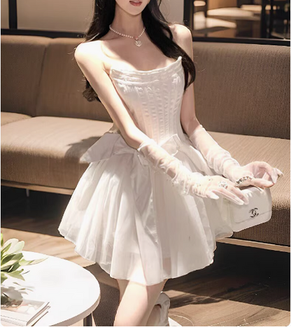 Sweet White Herringbone Tube Top Puff Birthday Dress Homecoming Dress P3624