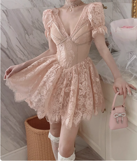 French Palace Lace V-neck Short Sleeve A-line Pink 17th Birthday Homecoming Dress P3625