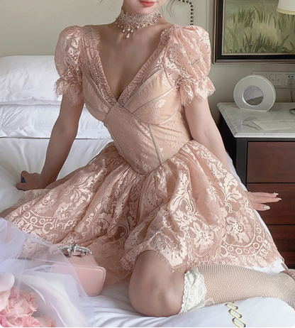 French Palace Lace V-neck Short Sleeve A-line Pink 17th Birthday Homecoming Dress P3625