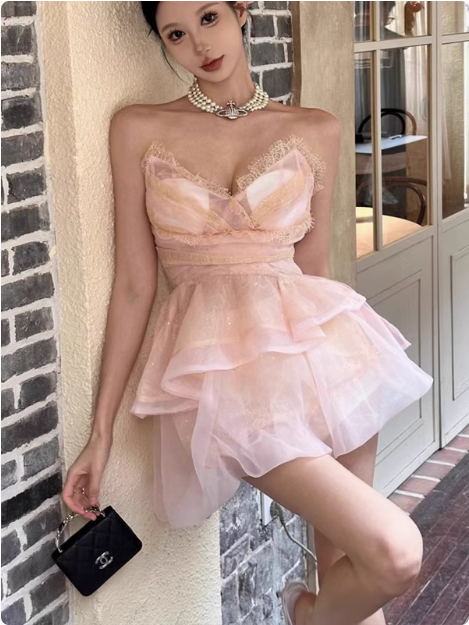 Cute Puffy Pink V Neck Mini Birthday Dress Homecoming Dress P3626