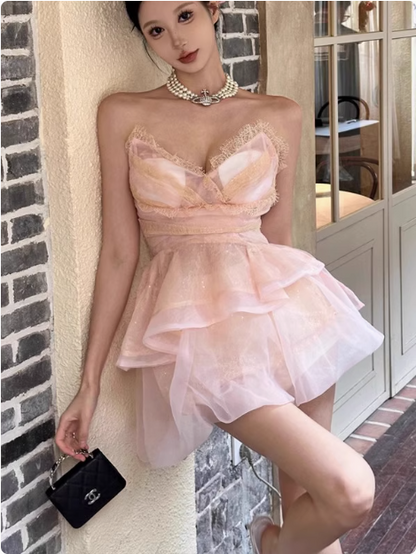 Cute Puffy Pink V Neck Mini Birthday Dress Homecoming Dress P3626