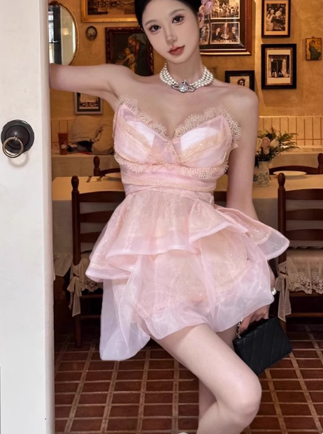 Cute Puffy Pink V Neck Mini Birthday Dress Homecoming Dress P3626