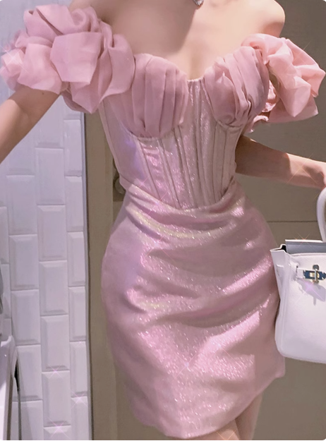 Shiny Pink French Puff Sleeve Herringbone Hip 17th Birthday Homecoming Dress P3628