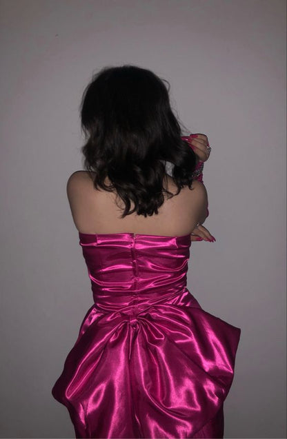 Cute Hot Pink Bandeau Satin Bow 17th Birthday Homecoming Dress P3634
