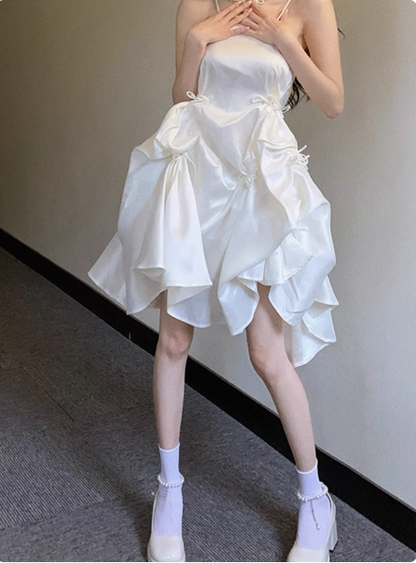 Sweet Satin Tube Top Strap Irregular Puffy Birthday Dress Homecoming Dress P3642