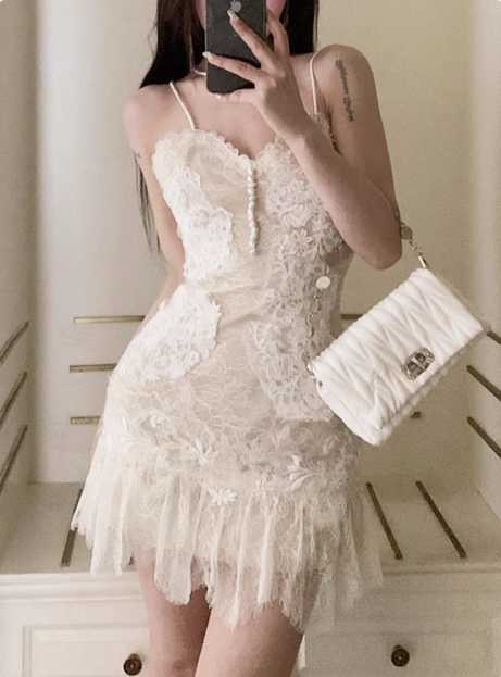 Heavy V-neck White Lace Suspender Birthday Dress Homecoming Dress P3643