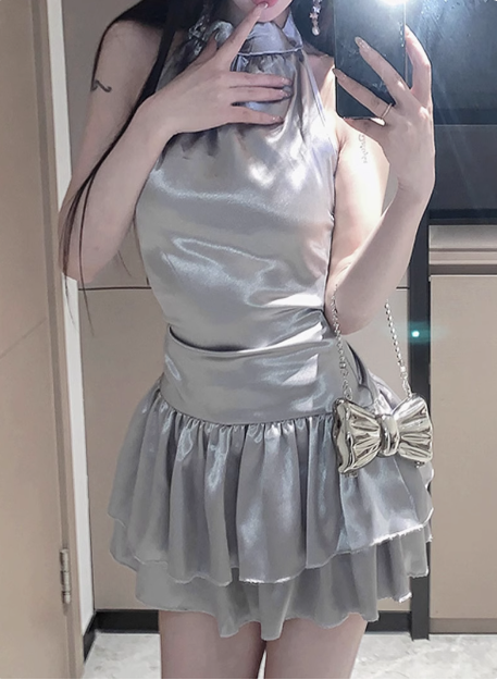 Shiny Silver Halter Neck Sexy Backless Waist Satin Birthday Dress Homecoming Dress P3644