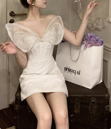 Princess Light Luxury Sling Rhinestone Bow Shiny 17th Birthday Homecoming Dress P3645