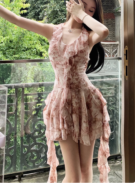 Pretty Pink Floral Halter Neck Chiffon Ruffle 17th Birthday Homecoming Dress P3646