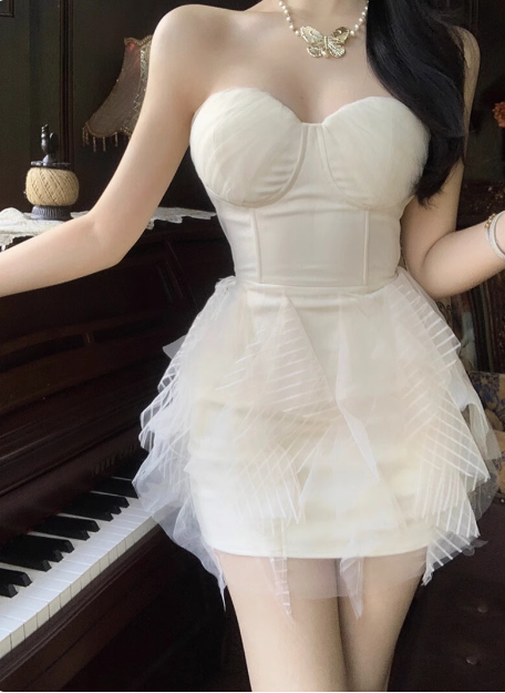 Elegant White Tube Top Herringbone Hip Birthday Dress Homecoming Dress P3647