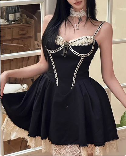 Sexy Herringbone Suspenders Satin Lace Trim A-line Birthday Dress Homecoming Dress P3649