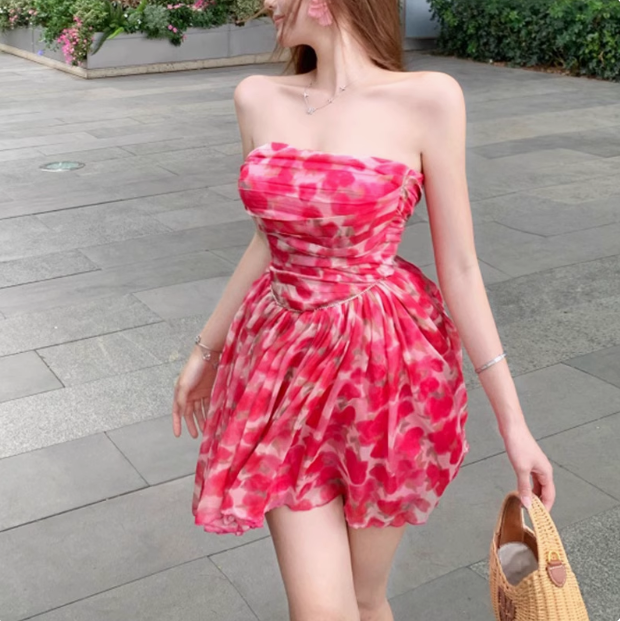 Beautiful Floral Tube Top Pink Tulle A-line Birthday Dress Homecoming Dress P3651