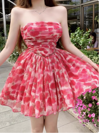 Beautiful Floral Tube Top Pink Tulle A-line Birthday Dress Homecoming Dress P3651