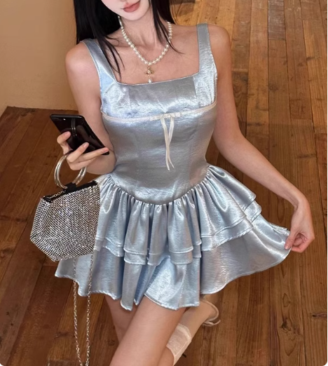 Blue Cake Skirt Short Square Neck Satin 17th Birthday Homecoming Dress P3654