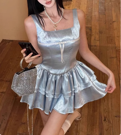 Blue Cake Skirt Short Square Neck Satin 17th Birthday Homecoming Dress P3654