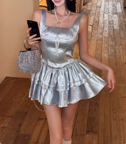 Blue Cake Skirt Short Square Neck Satin 17th Birthday Homecoming Dress P3654