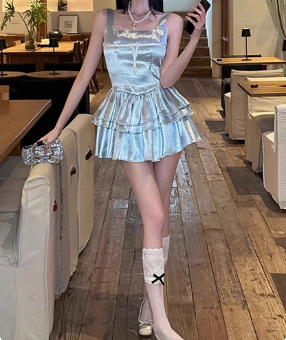 Blue Cake Skirt Short Square Neck Satin 17th Birthday Homecoming Dress P3654