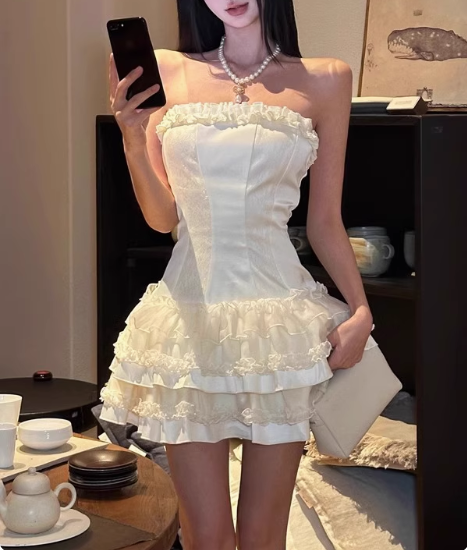 Sweet White Cake Puffy Satin Lace Stitching Tube Top Short Birthday Dress Homecoming Dress P3655