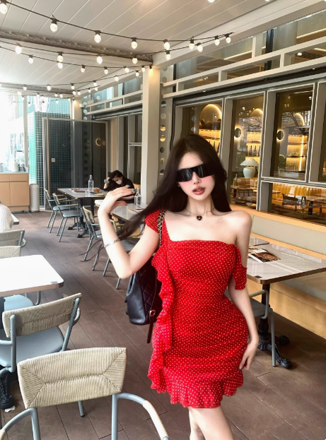 Sweet Ruffled Red Polka Dot Slim Birthday Dress Homecoming Dress P3658