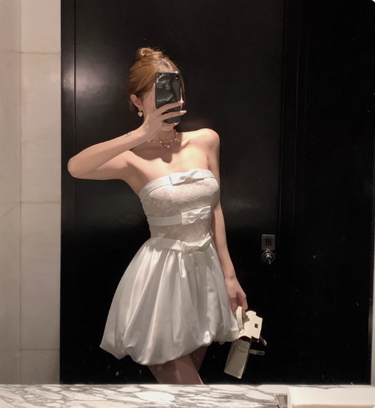 Sweet White Tube Top Bow Lace Satin Bud Birthday Short Skirt Homecoming Dress P3660
