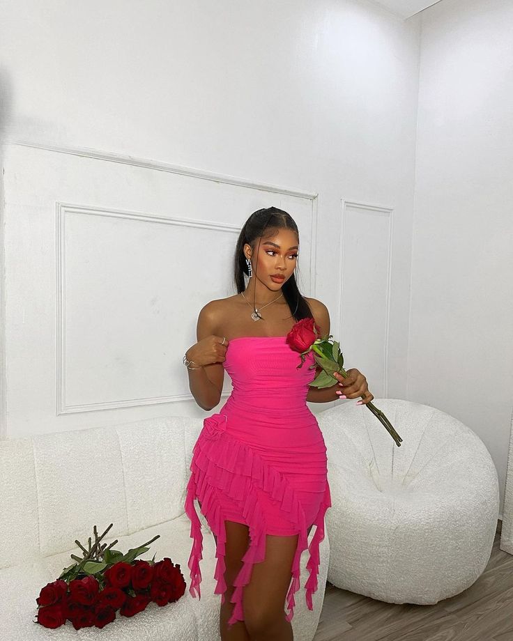Sexy Pink Tube Top Ruffle Tight Hip 17th Birthday Homecoming Dress P3673
