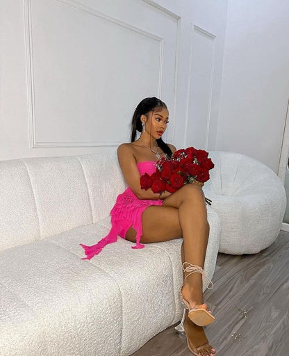 Sexy Pink Tube Top Ruffle Tight Hip 17th Birthday Homecoming Dress P3673