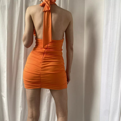 Beautiful Orange Halter Neck Deep V neck Revealing Backpack Hip 17th Birthday Homecoming Dress P3675