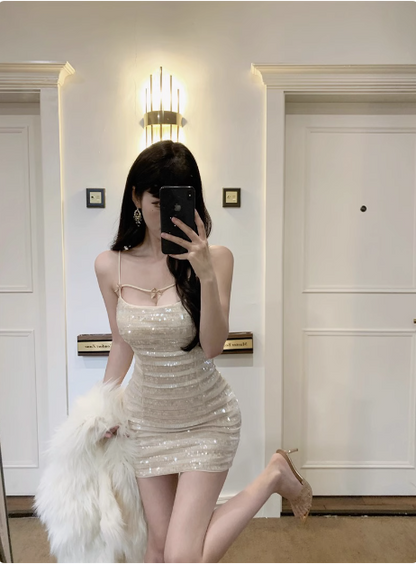 Shiny Bow Sequined Slim Fit Hip 17th Birthday Homecoming Dress P3677