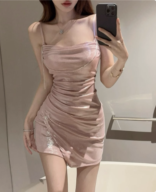 Sweet Off-shoulder Chain Pearl Irregular Birthday Dress Homecoming Dress P3678