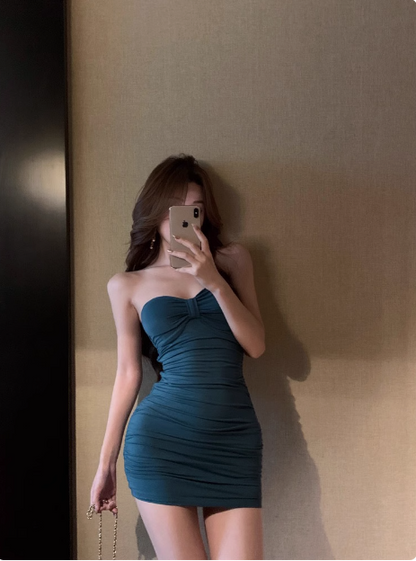 Simple Blue Sweetheart Neck Pleated Hip-hugging Slim Birthday Dress Homecoming Dress P3679