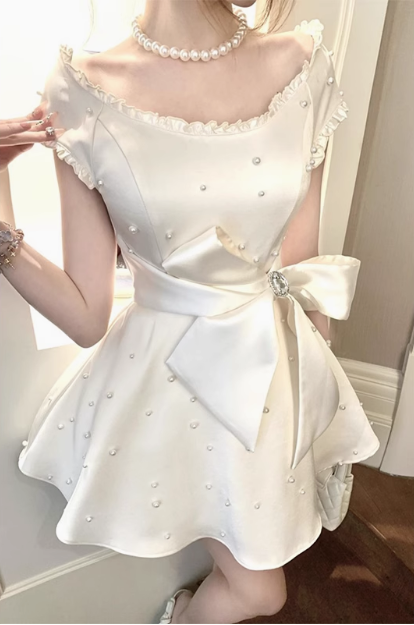 Heavy Pearl Satin Bow A-line Birthday Dress Homecoming Dress P3681